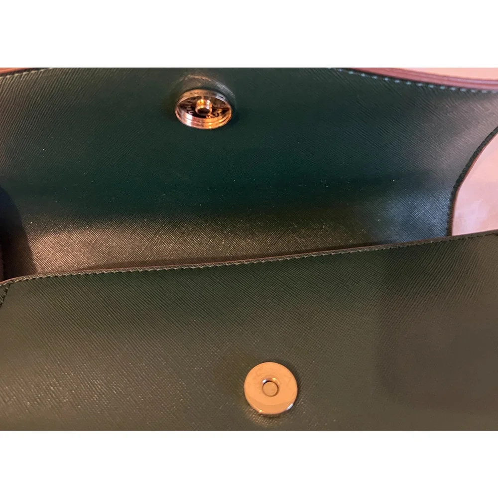 Anne Klein Purse Green Satchel Signature Top Handle Handbag Snap Close Zip Pocke